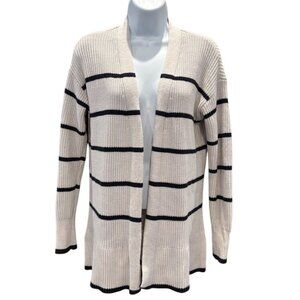 LOFT‎ Beige Black Stripe Cardigan Size M Open Front Sweater Coastal Chic 🐚